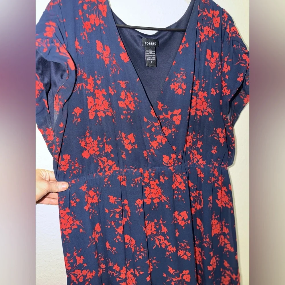 NEW Torrid Dark Blue Dress with Red Floral Print - Picture 3 of 7
